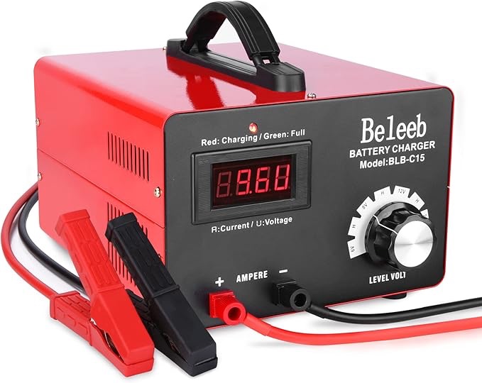 Beleeb C15 Multiple Voltage Battery Charger 6V 8V 12V 24V Lead-Acid Lithium-ion Batteries, 15 A Automotive Car Battery Charger and Desulfator for Golf Cart Motorcycle Truck Lawn Mower