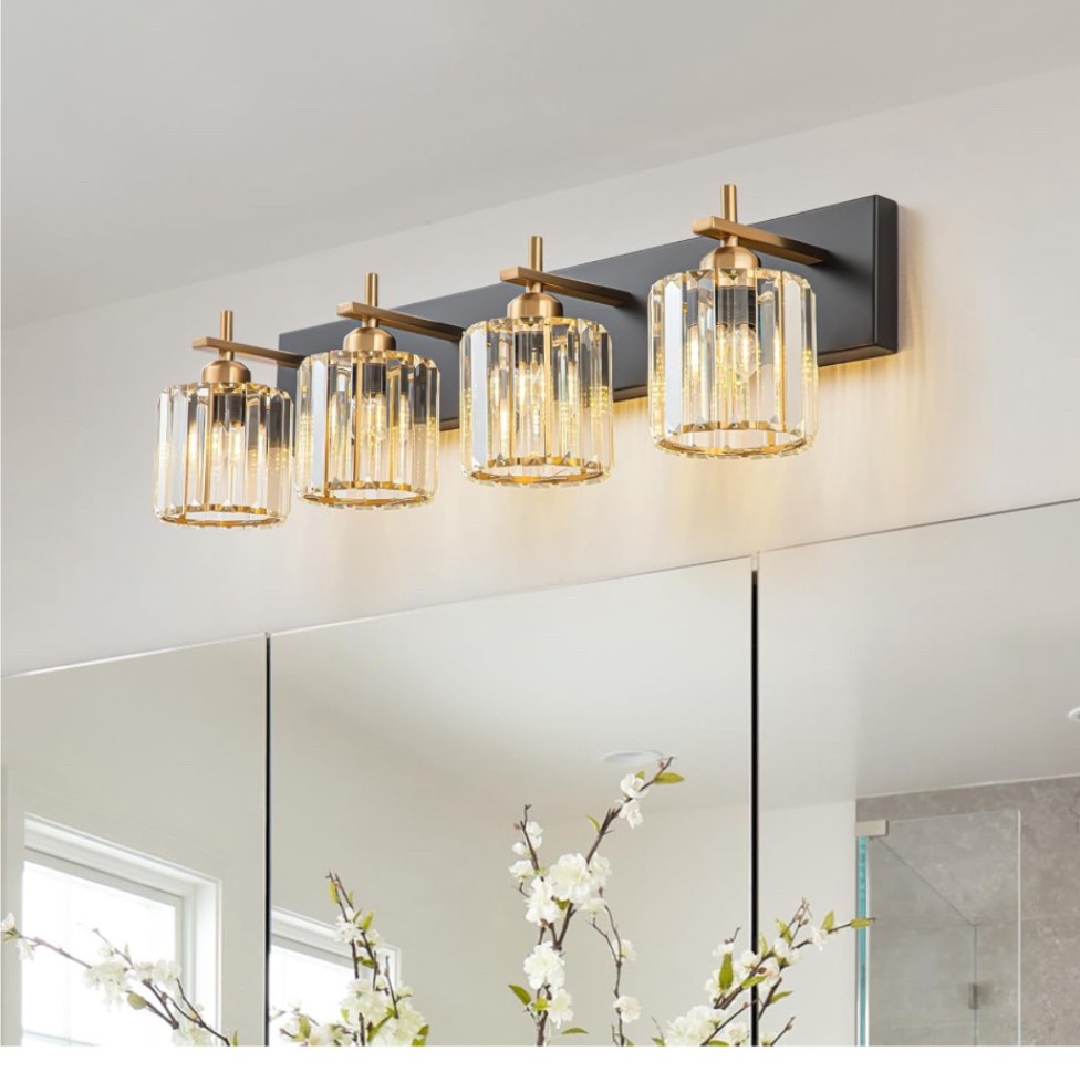 HUOKU Modern Crystal Bathroom Vanity Light, Black Gold 4-Lights Bathroom Light Fixtures Over Mirror, Crystal Wall Lighting with Polished Gold Finish