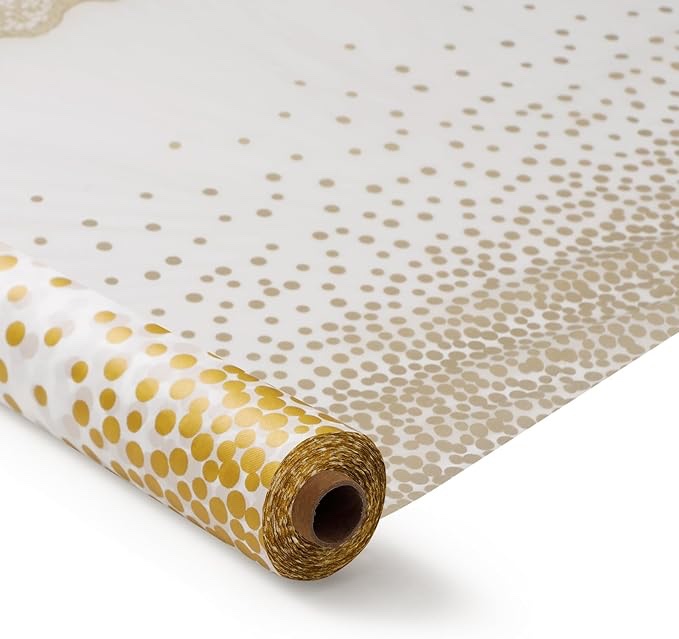 Goodluck 54 In X 120 in Feet Plastic Table Cover Roll, Disposable Table Cloths for Parties, Rectangle Plastic Tablecloths for Party, Banquet, Wedding, Birthday, Anniversary, White Gold Dot