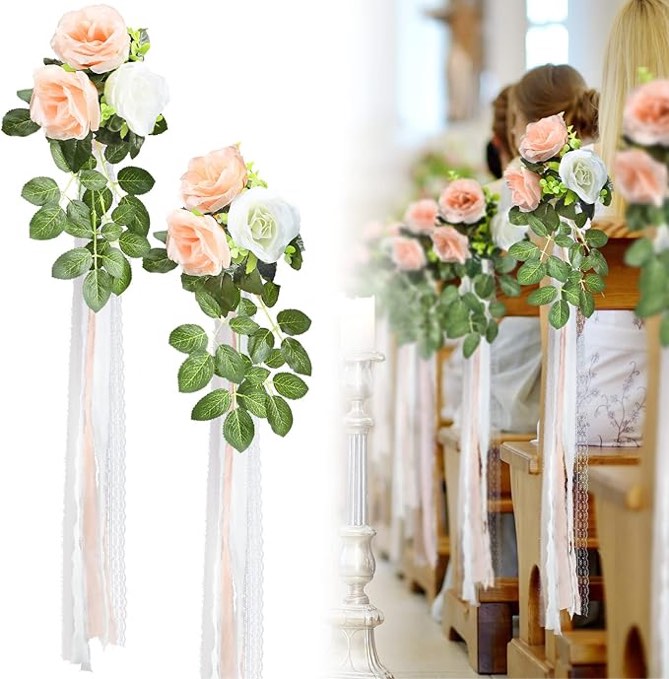 Giegxin 16 Pcs Wedding Aisle Decorations Pew Flower for Wedding Ceremony Aisle Chair Artificial Rose Chair Decor Chair Back Floral Decoration with Eucalyptus and Ribbons for Ceremony Church Party