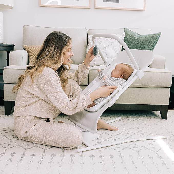 Baby Delight Alpine Wave Deluxe Portable Bouncer | Automated Motion Baby Bouncer | Infants 0 – 6 Months | Driftwood Grey