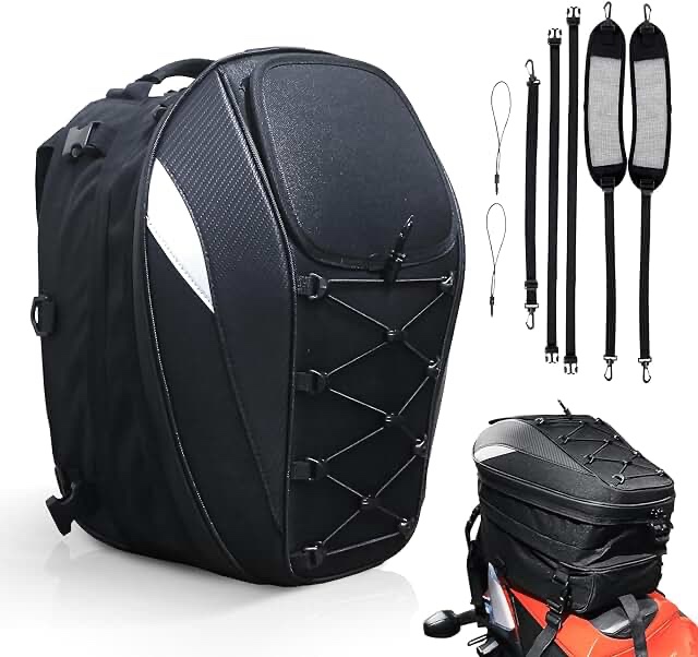 M2S Motorryce Tall Bag, 38L Expandable Dual Use Helmet Bag Luggage Storage Backpack with Waterproof Rain Cover - Muttfunctional Motorbike Rear Seat Bag Accessories