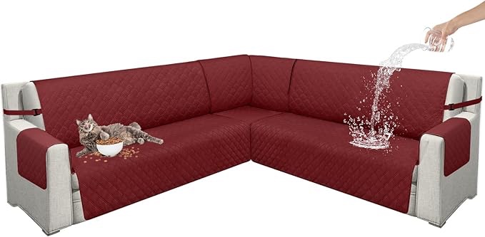 100% Waterproof Corner Sofa Covers for L Shaped Sectional Washable Quilted Sectional Couch Covers U Shape Sofa Slipcovers Anti Slip Universal Furniture Protector for Pets Dogs ) Couch Cover Wine