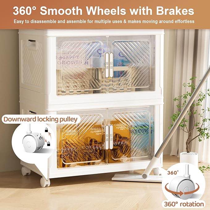 Foldable Storage Bins with Lid 76QT, Stackable Storage Containers with Wheels and Magnetic Doors, Plastic Clothes Closet Organizers and Storage Box for Room, Pantry, Home and Office(3 Pack)