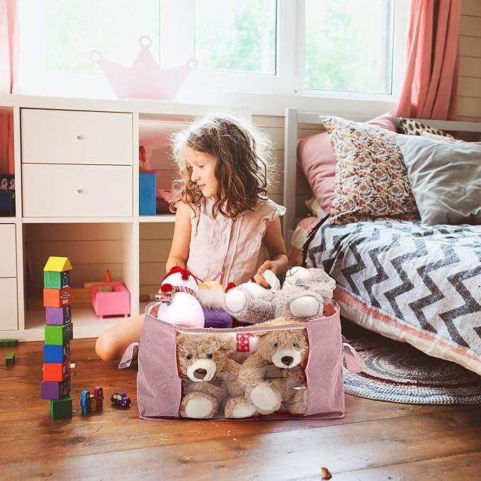 4  Pack 60L Large Pastel Storage Bag Foldable Storage Bins Container with Handle Zipper Organized Stuffed Toys Seasonal Clothes Bed Blanket Sheet Pillow for Kids Room pink 