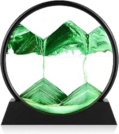 Moving Sand Art Picture - 3D Quicksand Painting Decor - Round Glass 3D Deep Sea Sandscape - Relaxing Home Decoration Desk Toys for Home Office Desk Mantle Bookshelf- (Green, 7 in)