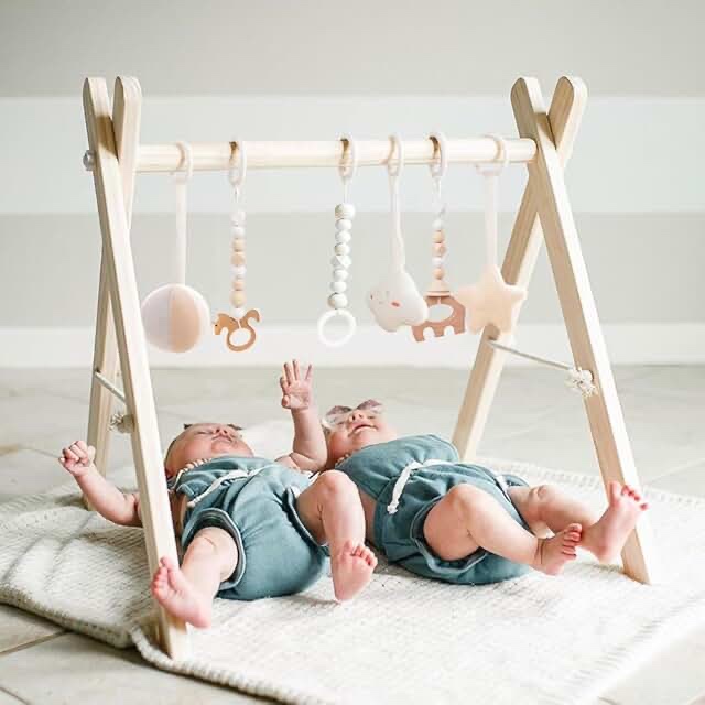 Wooden Baby Gym, Wooden Gym for Toddlers, Foldable Gym for Infants, Comes with 6 Unique Teethers & Rattles, Best Gift for Newborn (Baby Play Gym Set 01)