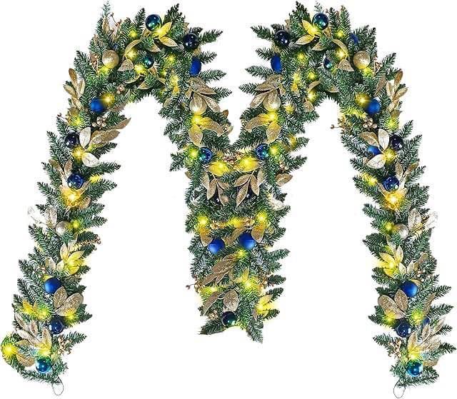 yoyomax Christmas Garland, Pre-Lit Artificial Christmas Garland with Lights for Indoor Outdoor Christmas Decorations, 40 LED Lights, Battery Operated, Christmas Collection, 9 Feet-Blue