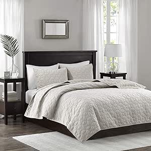 Madison Park Harper Quilt Set Velvet Casual Geometric Stitching Design All Season, Lightweight Coverlet, Cozy Bedding, Matching Shams, King/Cal King(104"x94"), Ivory 3 Piece Ivory King/Cal King(104"x94")