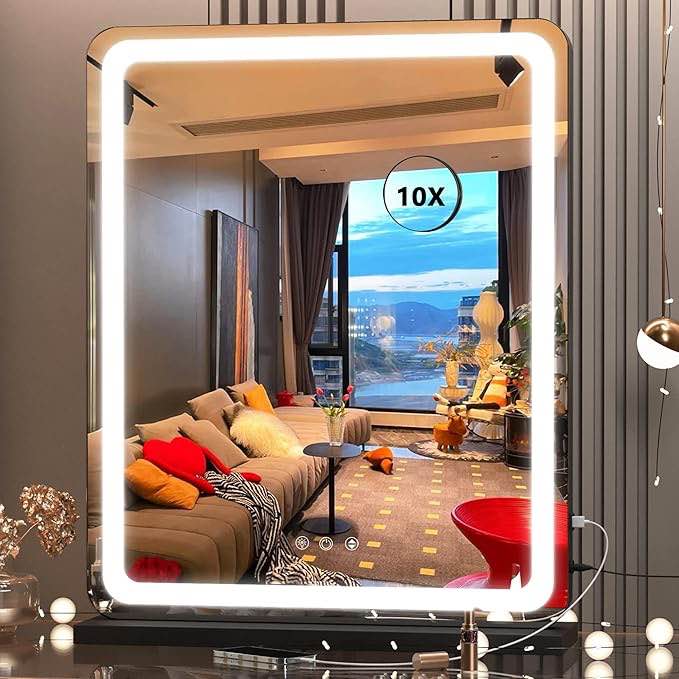 Hasipu Vanity Mirror with Lights, 18" x 22" LED Makeup Mirror, Lighted Makeup Mirror, Light up Mirror with 10X Magnification and USB Charging Port, Smart Touch 3 Colors Dimmable (Black) Round Black 18" x 22"