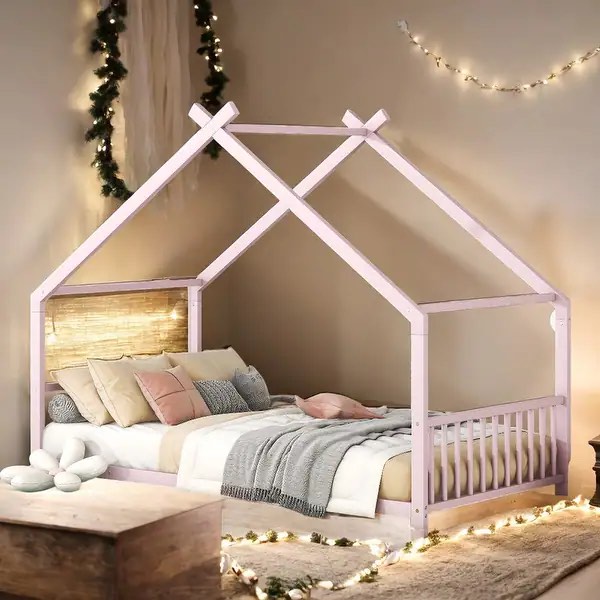 2 Size Pink Metal House Bed with Metal Frame Playhouse Design for Kids