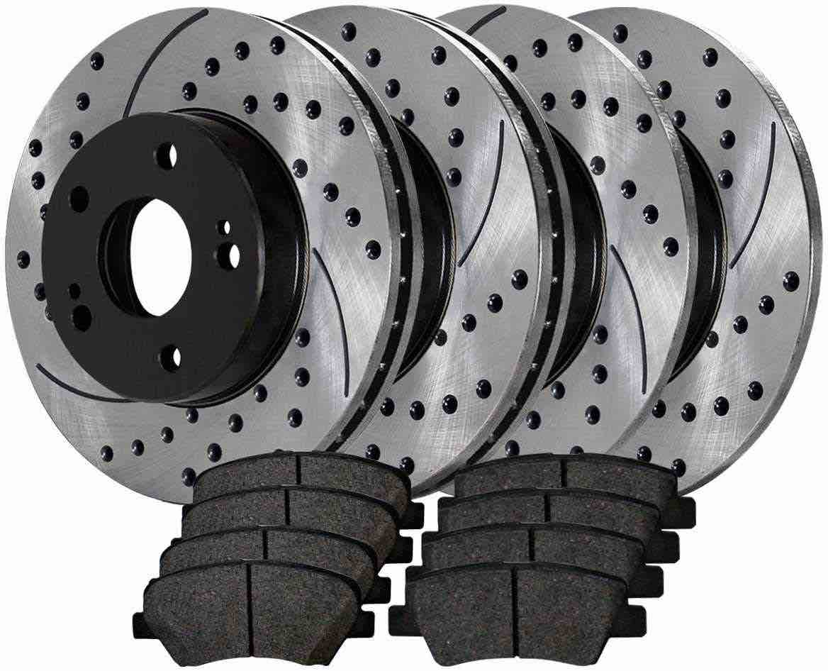AutoShack Front and Rear Drilled and Slotted Brake Kit Rotors Black and Ceramic Pads Set of 4 Replacement