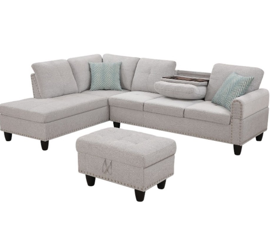 Incomplete|| (1of3) Devion Furniture Polyester Fabric Sectional Sofa with Ottoman