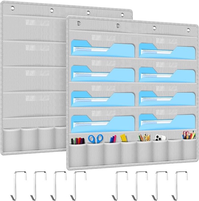 2 Pcs Storage Pocket Chart Door Hanging File Organizer with 4 Hangers Wall Storage Pocket Charts Heavy Duty Wall File Organization Folder Pocket Chart for Classroom Office Folders (Gray)