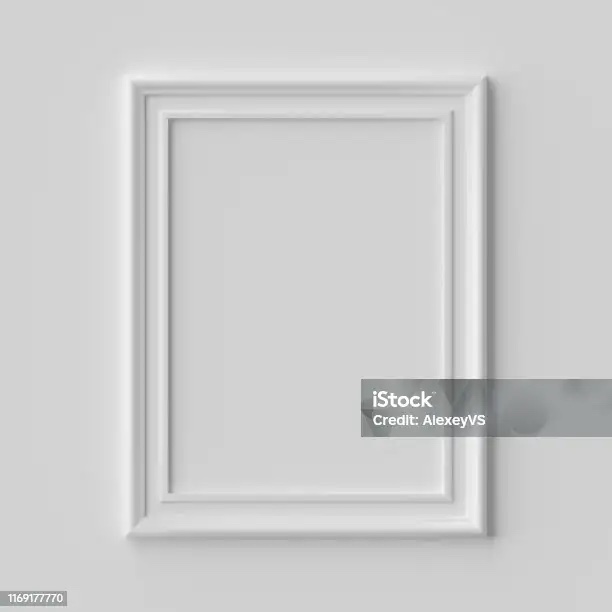 White vertical image or photo frame on white wall with shadows - Stock Photo