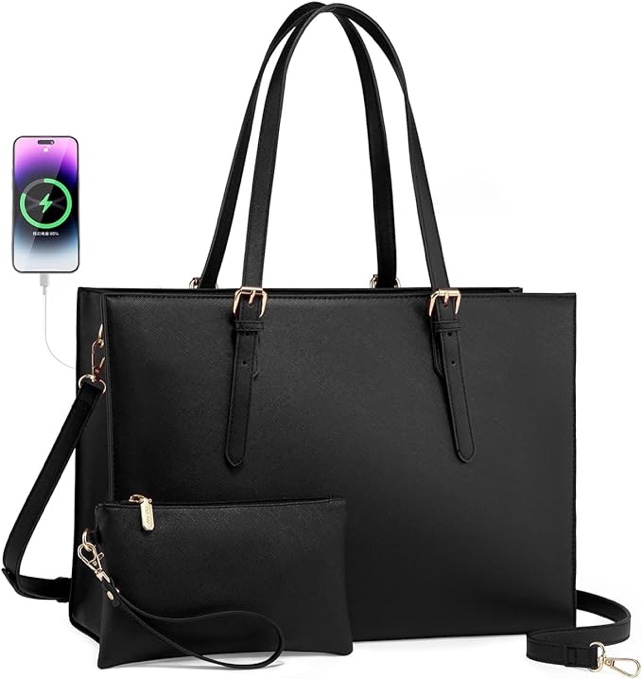 LOVEVOOK Laptop Tote and Briefcase Set for Women - 15.6 Inch Waterproof Leather Shoulder Bag with USB Charging Port for Business, Office, Work - Black