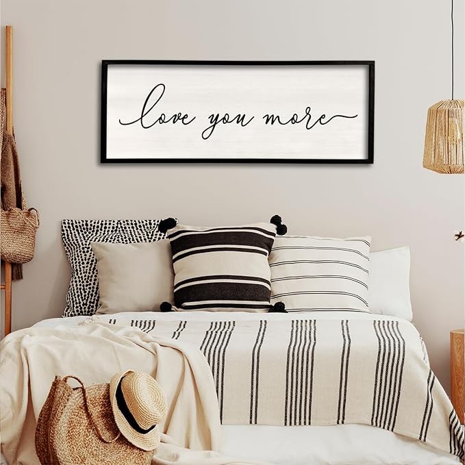 Love You More Sign Wall Decor 40''×15'' Large Vintage Framed Wood Modern Farmhouse Wall Decor for Master Bedroom Above Over Bed Minimalist Wall Art Hanging (Black)