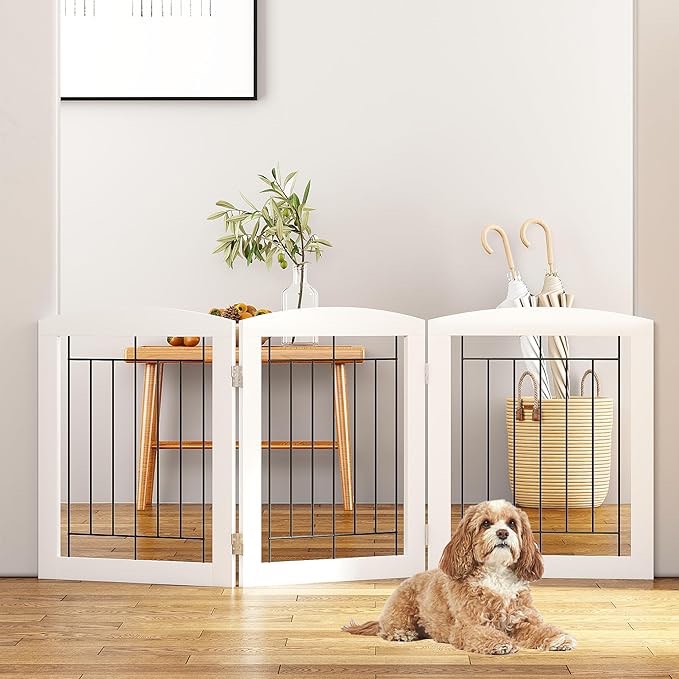 PAWLAND Free Standing Dog Gates for The House Stairs Doorways Indoor Foldable Wooden Small White Puppy Pet Gate Step Over Fence 60" W 24" H 3 Panels