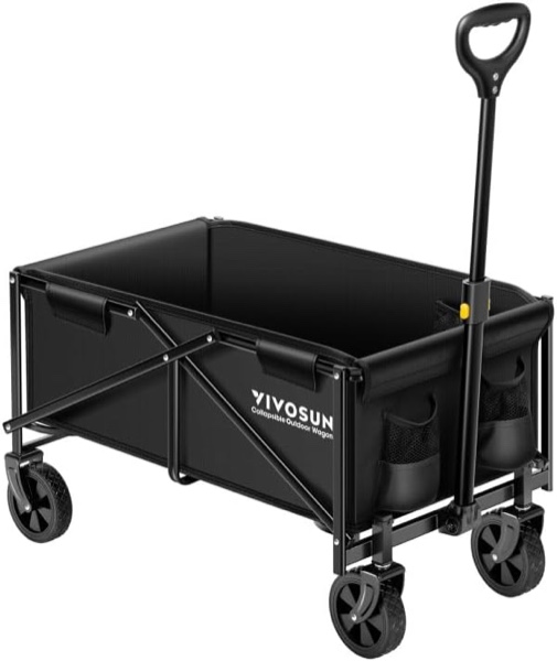 VIVOSUN Collapsible Folding Wagon, Outdoor Utility with All-Terrain Wheels, Adjustable Handle, Cup Holders & Side Pockets, for Camping, Shopping, Garden, 70L Capacity, Black