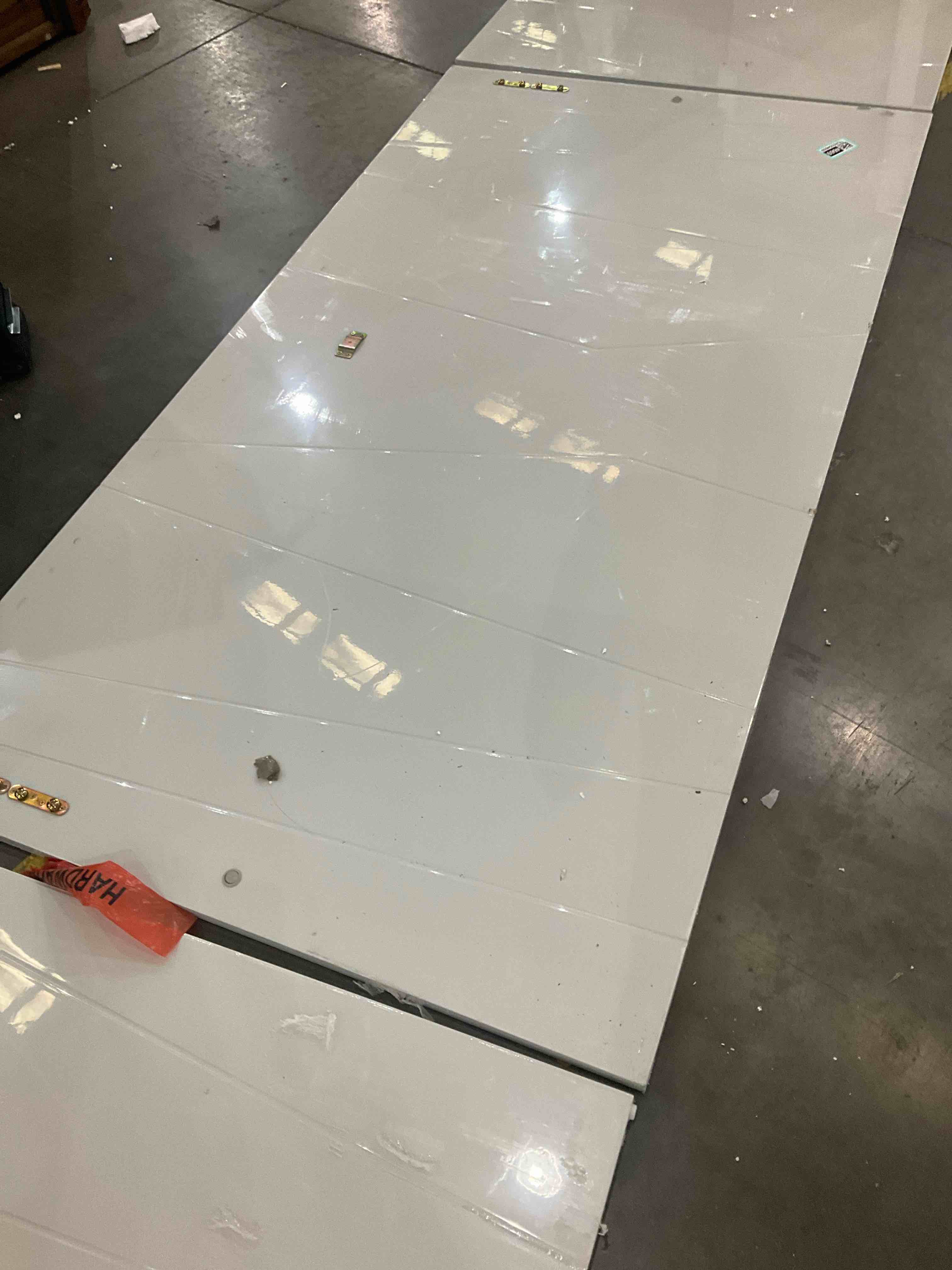 Condition photo showing As Is for High Gloss Light Gray King Headboard for Platform Bed, (3 Piece)