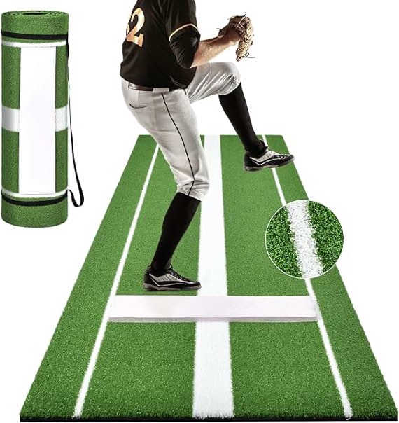 Rengue 10'x 3' Softball Pitching Mat, Softball Pitching Mound with Pitching Rubber, Green Nylon Softball Hitting Mat Artificial Grass Pitching Mat, Softball Pitching Aids for Indoor & Outdoor