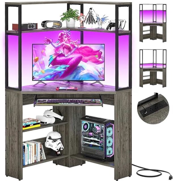 Cyclysio Corner Desk with Hutch, Triangle Gaming Desk with Keyboard Tray, Corner Computer Desk with Power Outlets & LED Light, Corner Table for Home Office, Small Space, Workstation, Grey
