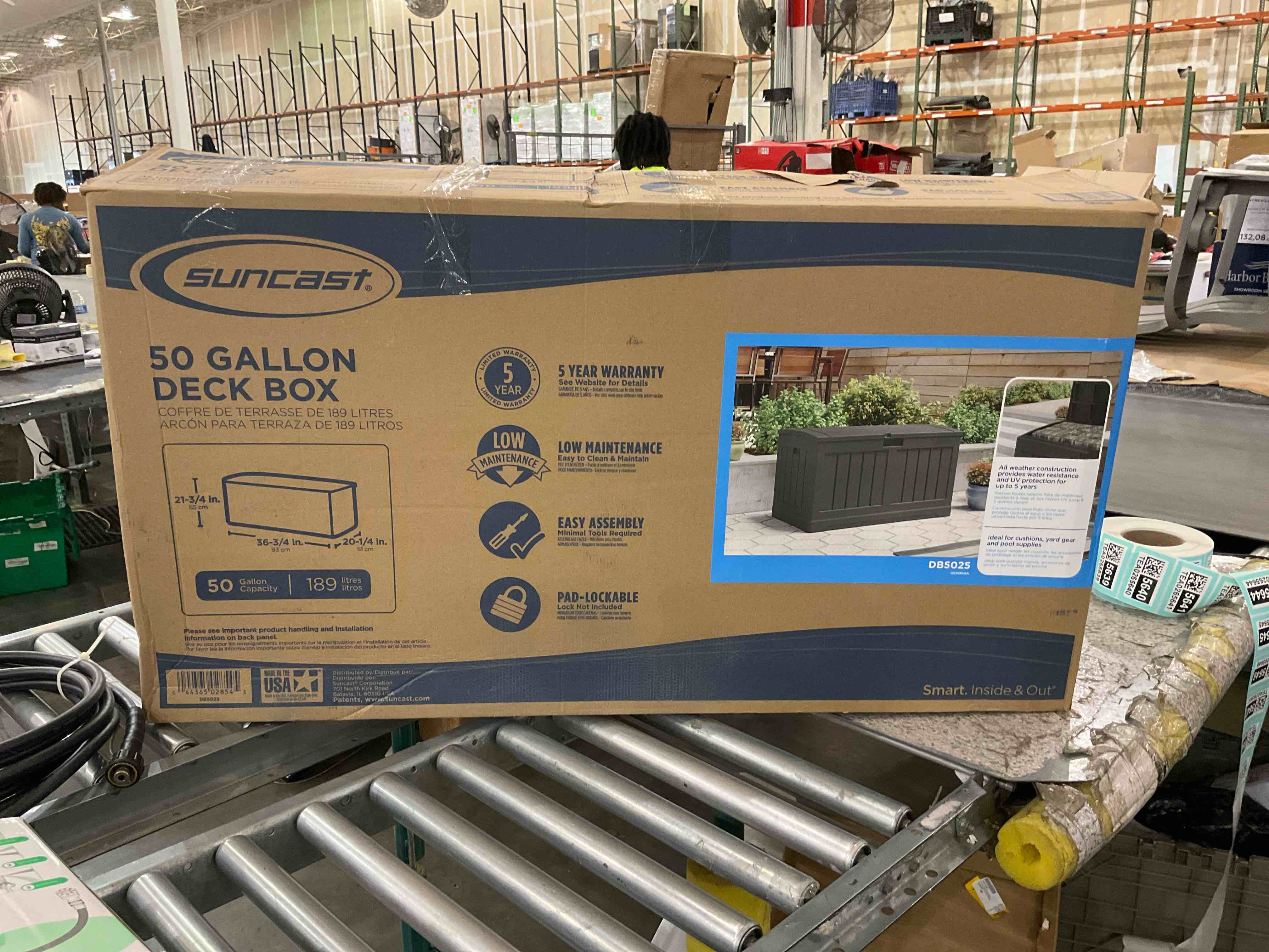 Suncast 50 Gallon Plastic Deck Box with Molded Lockable Feature and Weathertight Construction for Home, Patio, Lawn, and Garden Storage, Gray