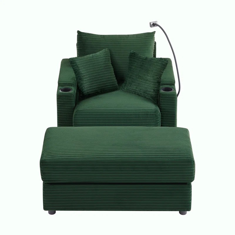 Corduroy Armchair with Ottoman,Two USB Ports, Two Cup Holders