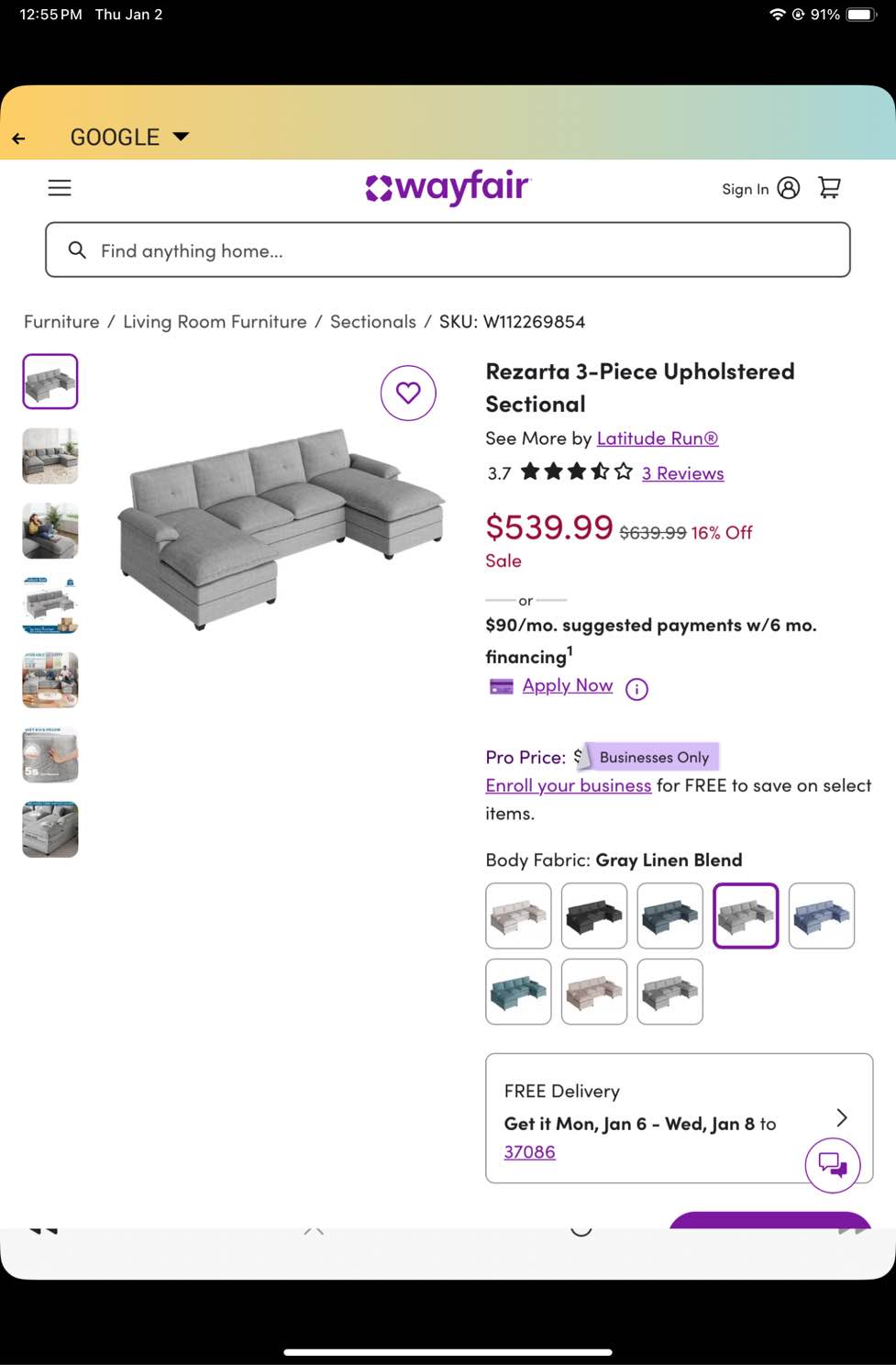 Rezarta 3-Piece Upholstered Sectional