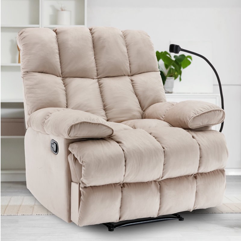 High Quality Velvet Fabric Oversize Recliner for Tall Men 39.3" Wide Soft Upholstered Manual Recliner with Phone Holder