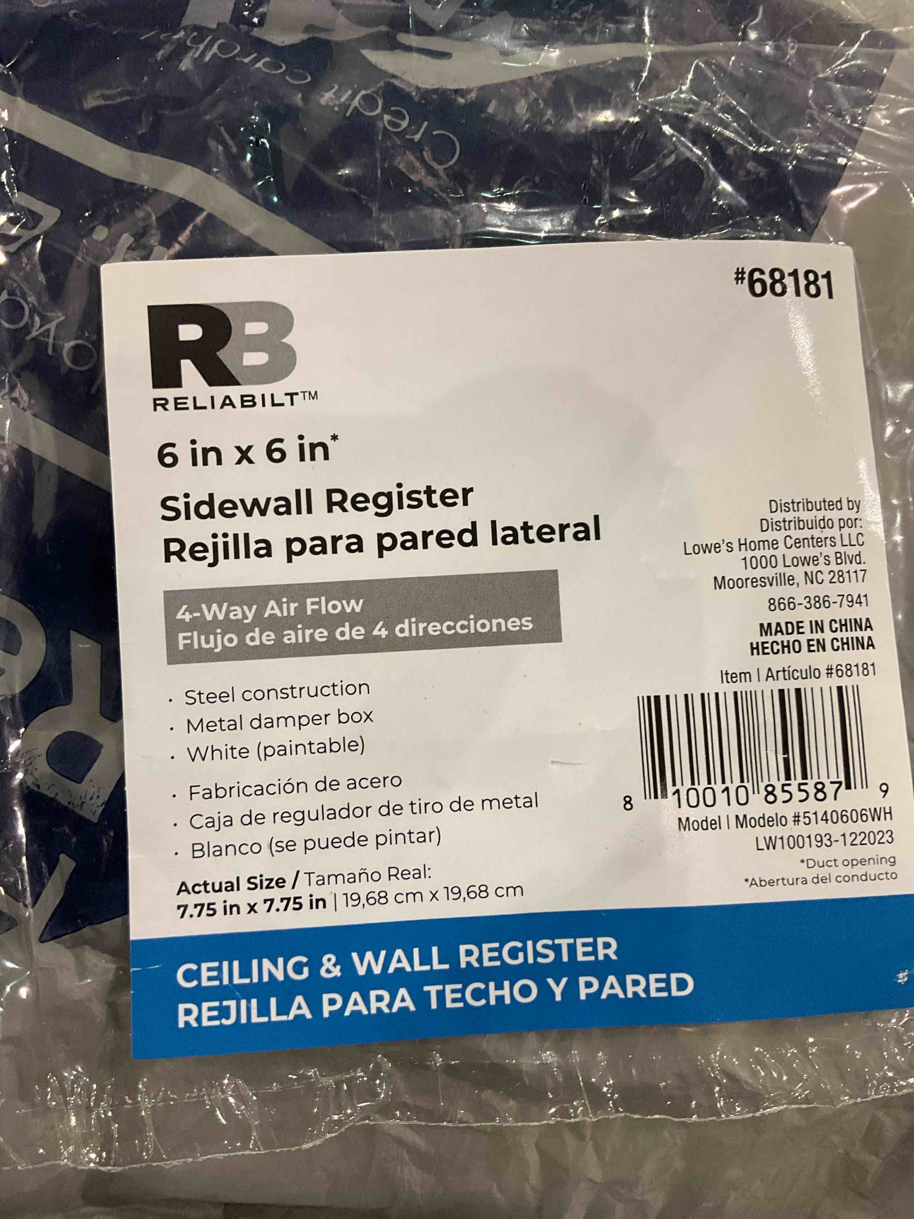 RELIABILT 6-in x 6-in 4-way Steel White Sidewall/Ceiling Register