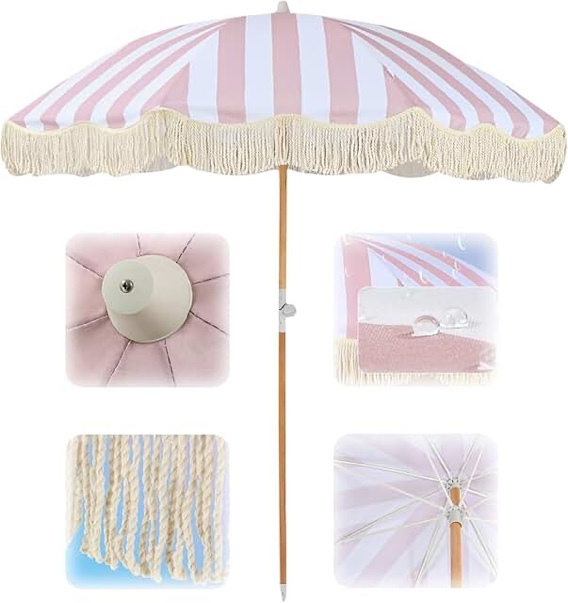 Funsite 6.5ft Boho Beach Umbrella with Fringe, UPF 50+ Tassel Umbrellas with Carry Bag, Premium Wood Pole Foldable Patio Umbrella for Outdoor Holiday Garden Lawn Pool Yard Table, Pink Stripe