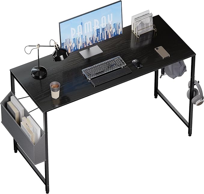 Pamray 47 Inch Computer Desk Small Spaces Desk with Storage Bag for Bedroom Writing and Home Office Work Small Study Desk Table Black