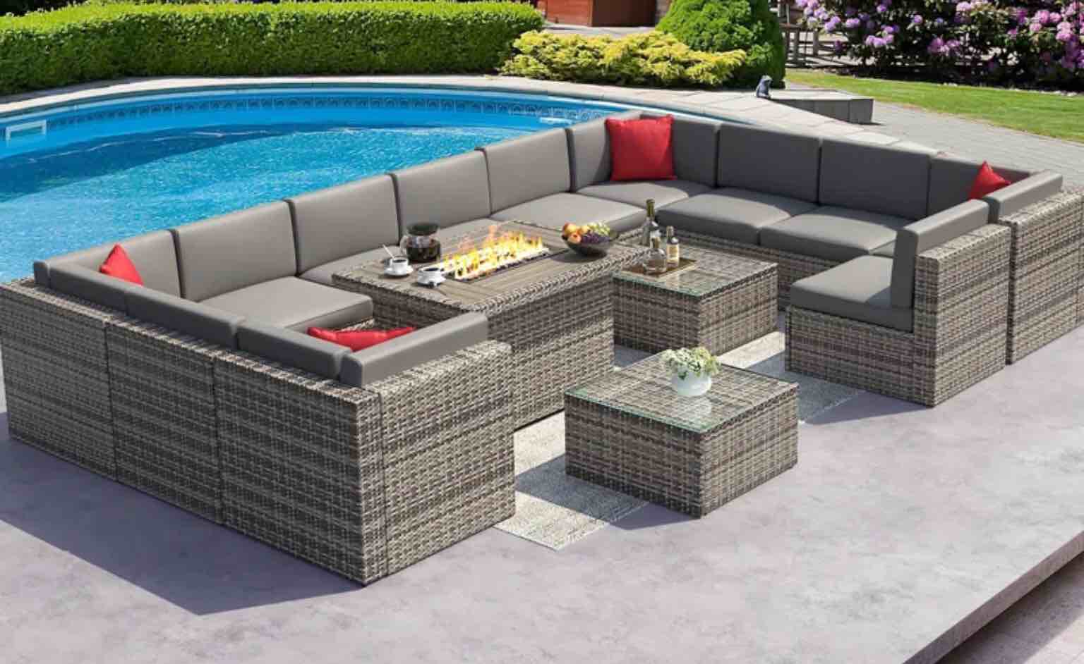 ((((incomplete only 1 box )))Melisandra Polyethylene (PE) Wicker 12 - Person Seating Group with Cushions and Fire Pit