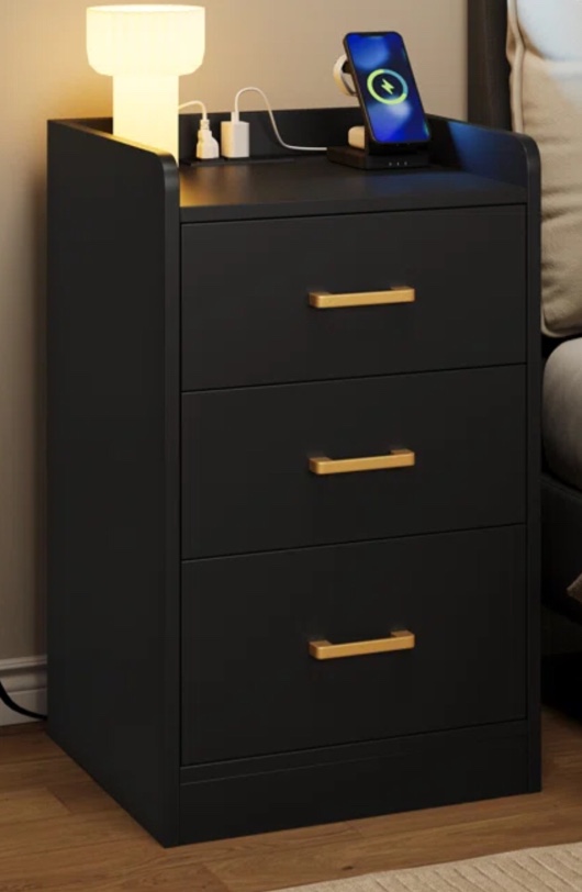 Bettylee Nightstand with Charging Station, 3 Drawer Nightstand color black 