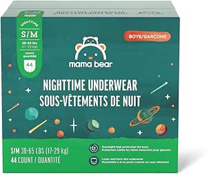 Amazon Brand - Mama Bear Boy's Nighttime Underwear for Bedwetting, Overnight Protection, Hypoallergenic, Size S/M (38-65 lbs), 44 Count, White