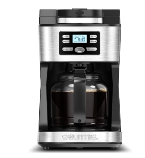 Gourmia Digital Coffee Machine 12Cup FullyAutomatic Large coffee maker integrated CoffeeGrinder,Pot,stainless steel mesh coffee filter 4Hr KeepWarm and Freshness Indicator GCM3180,Black and Silver