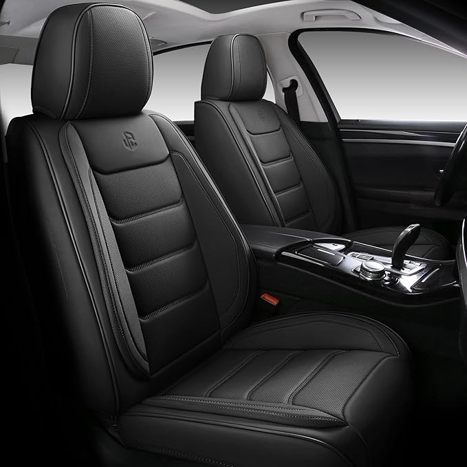 Isen-CoverAuto Full Coverage Faux Leather Car Seat Covers Universal Fit for Cars,Trucks,Sedans and SUVs with Waterproof Leatherette in Automotive Seat Cover Accessories (Black-B., Front Pair)
