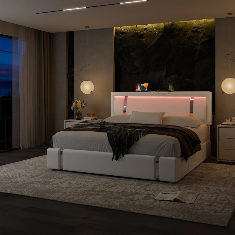 Barbuto PU Low Profile Storage Bed Frame with Lighted Headboard, USB Ports and 2 Drawers