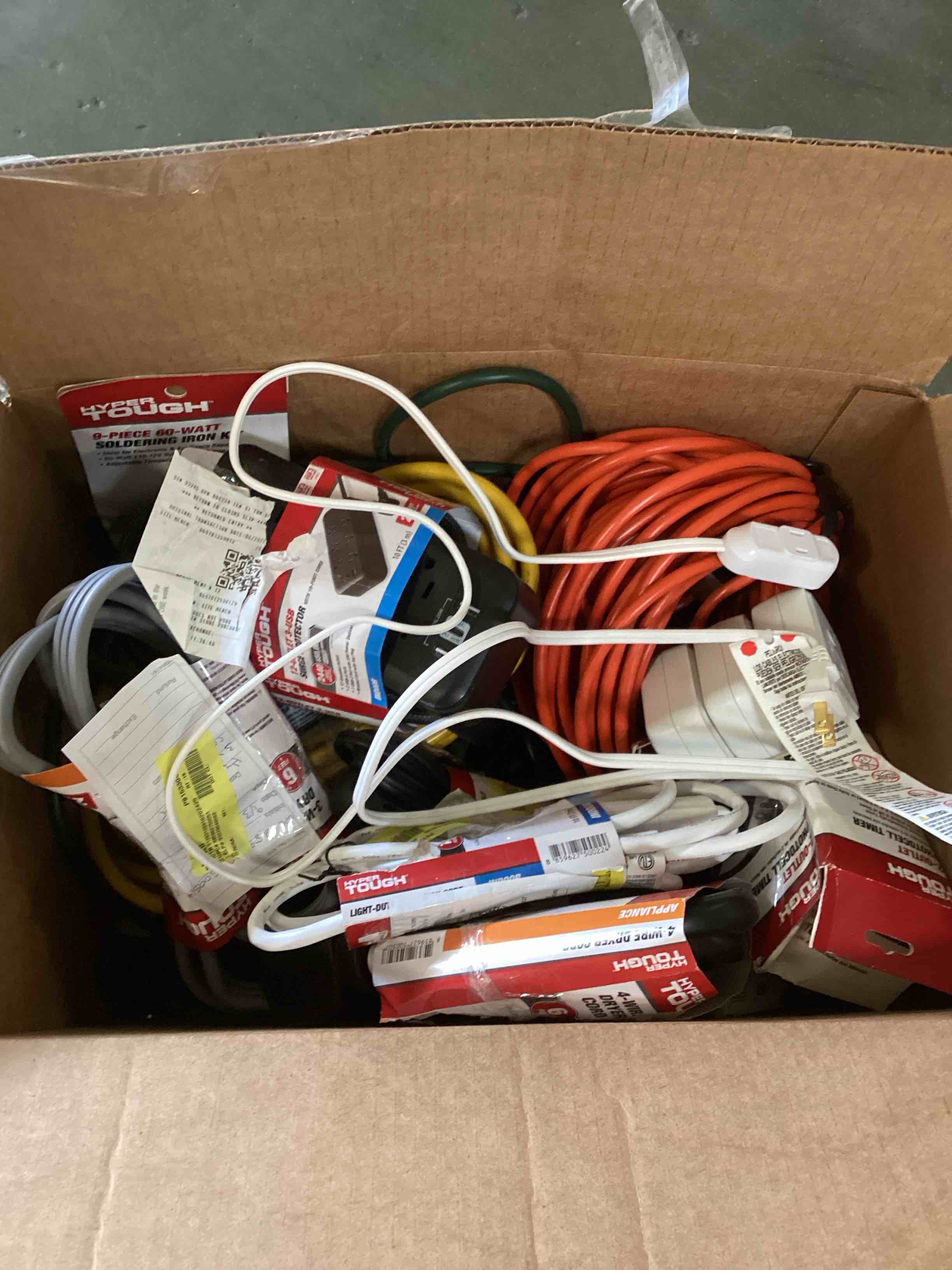 assorted extension cords and surge cords (full box)