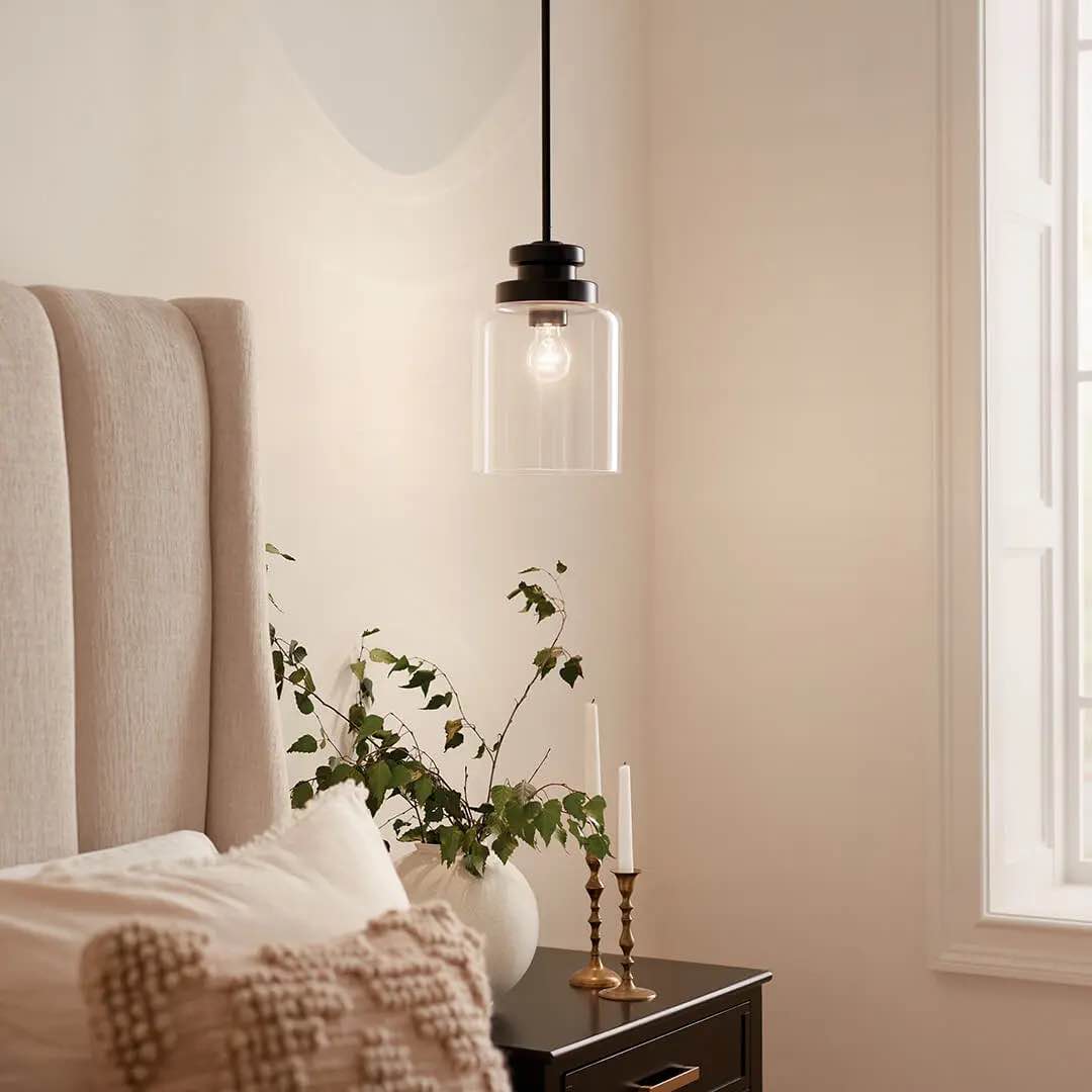 Size:7.87" DIA x 12.8" H Clear Glass, classic curves and simple styling in Black make the Annabeth 8 Inch 1 Light Mini Pendant the little black dress of mini pendants.