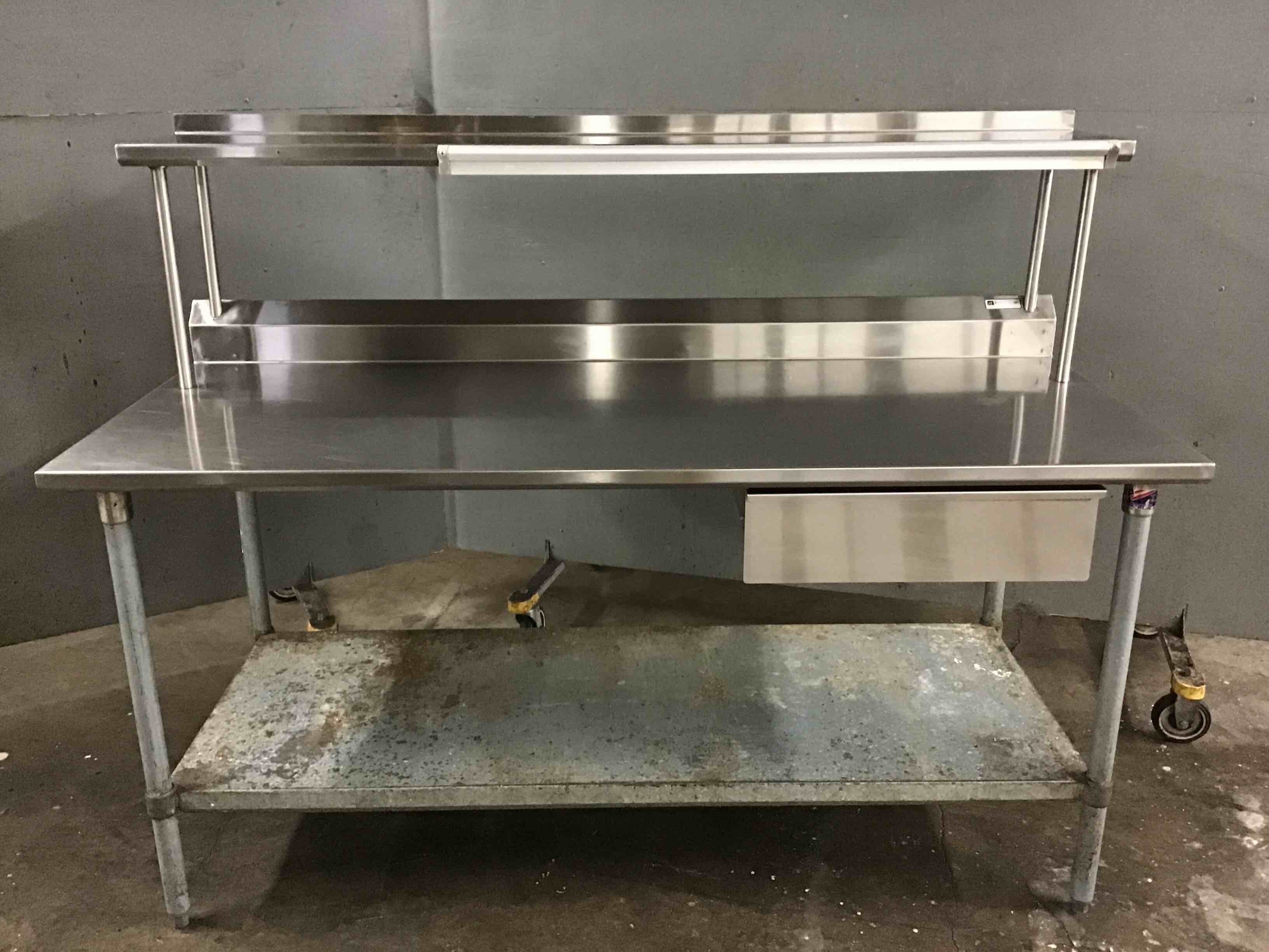 Stainless Steel Table with Under and Over Shelf, Ticket Rail und Single Drawer 