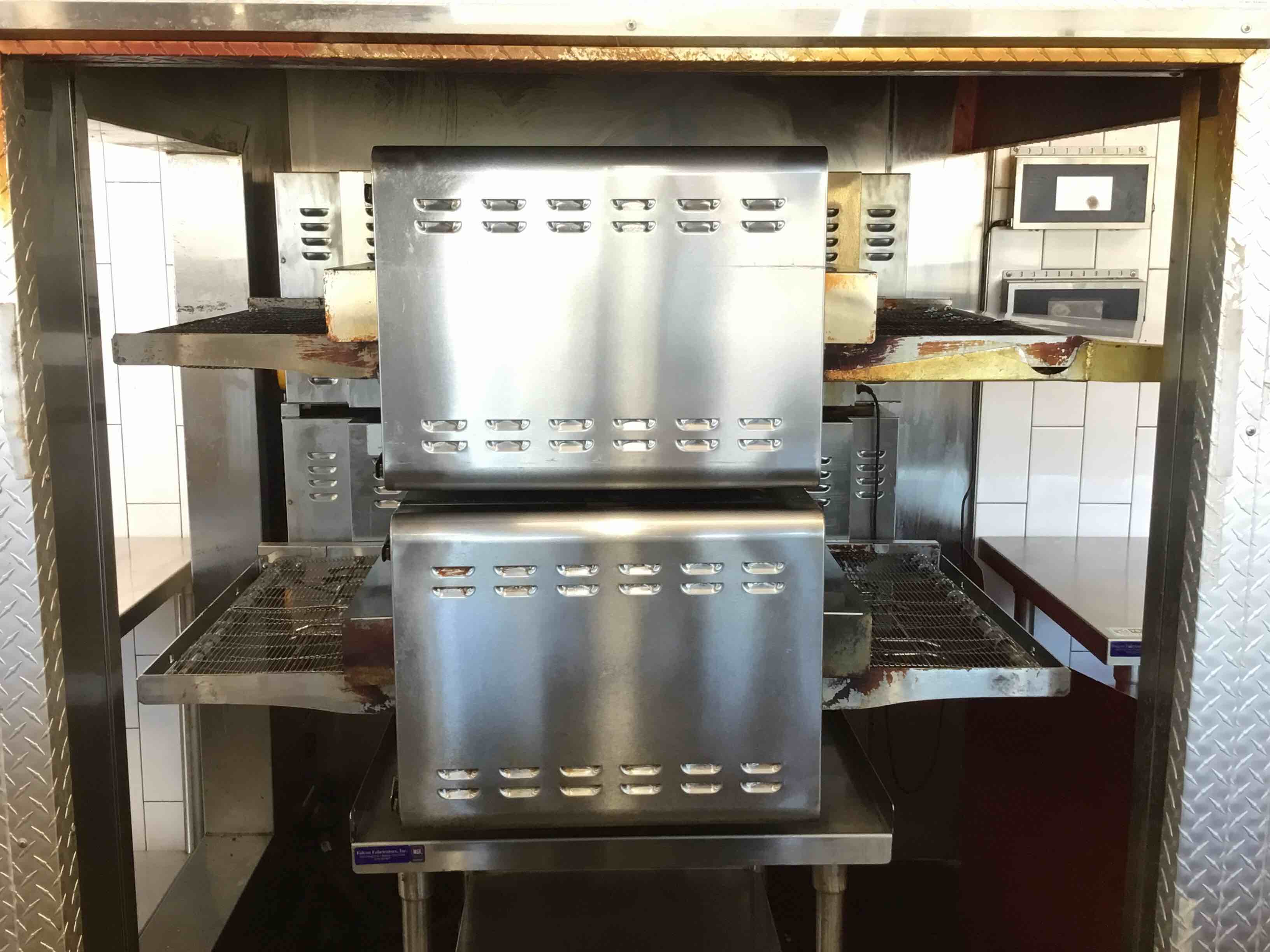 Oventon Stainless Steel Electric Double Stack Pizza Conveyor Oven With Stand On Casters