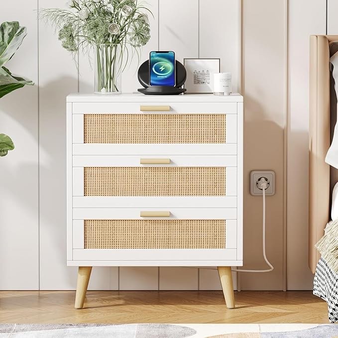 Irontar Rattan Nightstand with Charging Station, Night Stand with Rattan Decorated Drawers, Farmhouse End Table, Bedside Table with USB Ports and AC Outlets for Bedroom, White and Natural BZZ006WME White and Natural 1 Pack-3 Drawer
