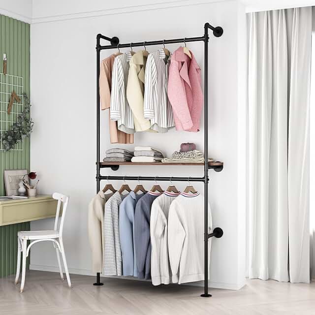 DR.IRON Industrial Pipe Clothing Racks with Vintage Shelves, Wall Mounted Black Clothes Rack with Double Hanging Rods Heavy Duty Garment Storage Rack Display Racks Rod for Clothes,Laundry Room