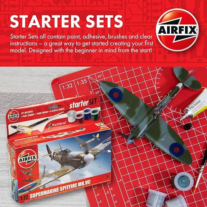 Airfix Model Airplane Kit Starter Set - A55001 Supermarine Spitfire MkVc, Plastic Plane Model Kits for Adults & Kids 14+, Skill Level 1, 1:72 Scale WW2 Military Aircraft Models,
