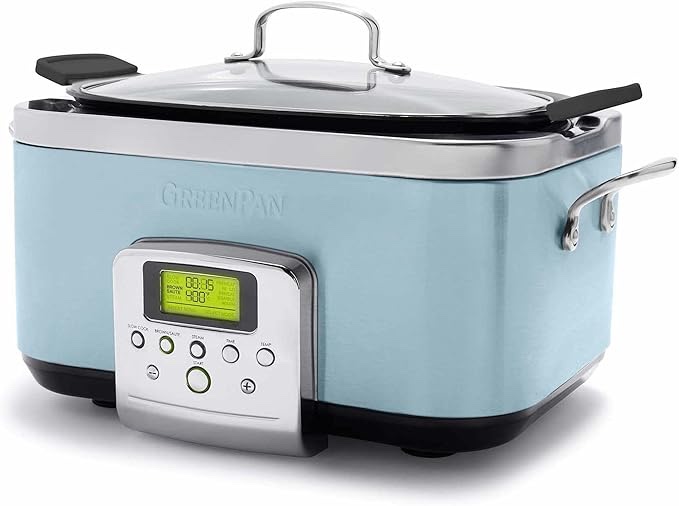 GreenPan Elite 8-in-1 Programmable 6QT Electric Slow Cooker, Dishwasher Safe Lid & Removable Crock, PFAS-Free Healthy Ceramic Nonstick Multi-Cooker, Sear,Sauté/Brown,Steam Basket,Roast, Sky Blue