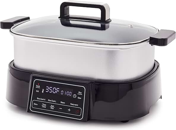 GreenPan Stainless Steel 8-in-1 Skillet Grill & Slow Cooker, Presets to Saute Steam Stir-Fry and Cook Rice, Healthy Ceramic Nonstick and Dishwasher Safe Parts, Easy-to-use LED Display