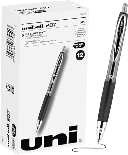 Uniball 207 Retractable Gel Pens  Medium Point (0.7mm)  Black Ink  12 Count