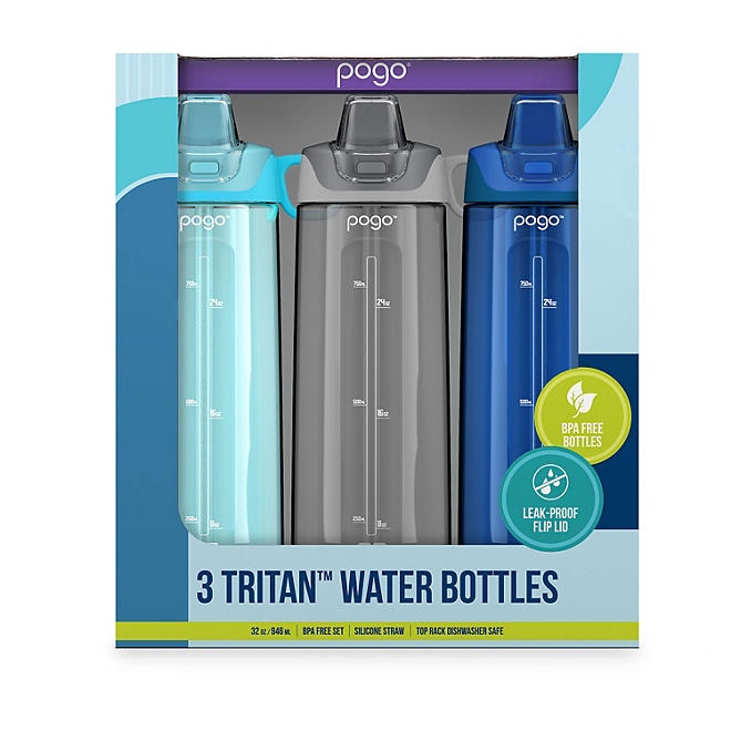 Pogo 32-oz Tritan Water Bottles, Assorted Colors 3 pk.
